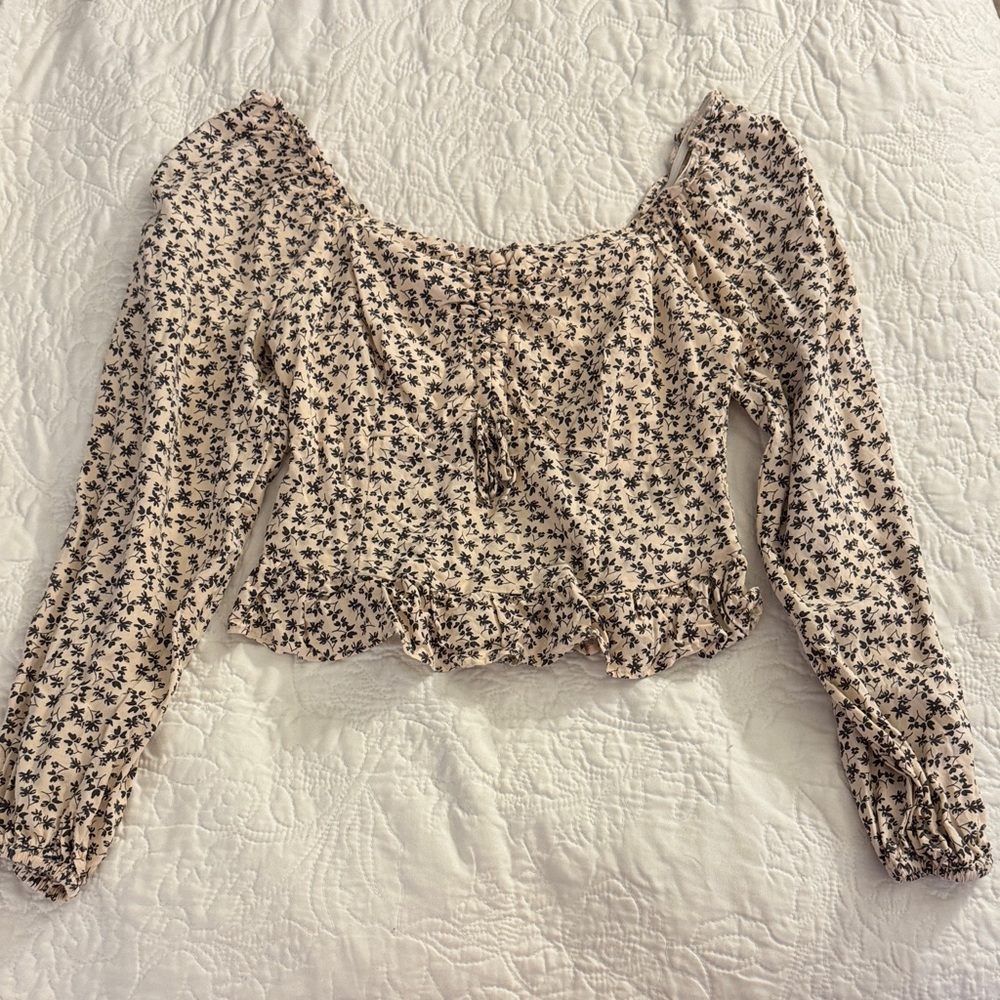 Elegant Floral Women's Blouse - Beige and Black